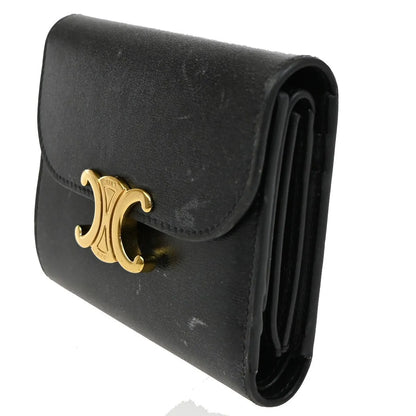 Celine Triomphe Trifold Leather, Black, Leather, Wallet