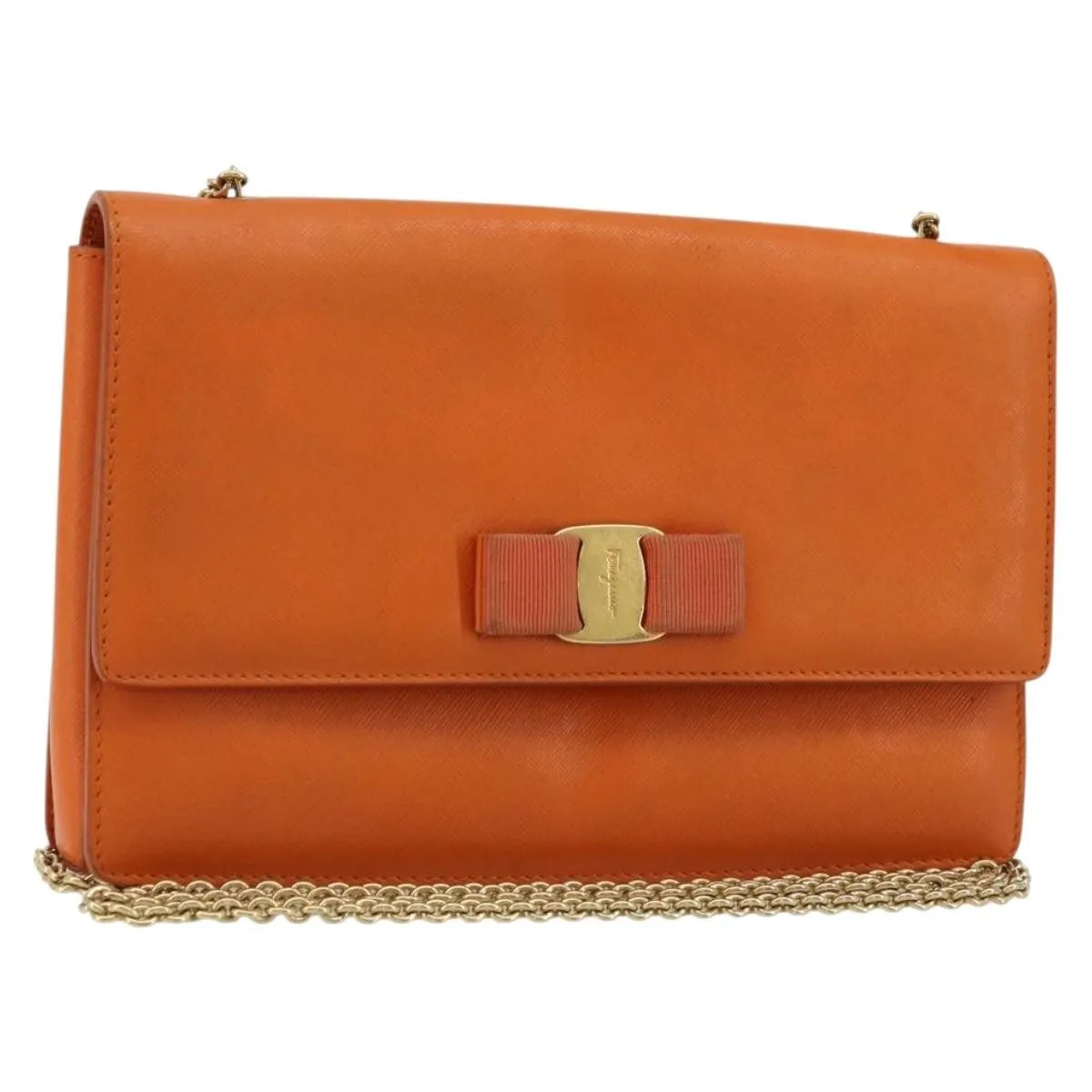 Salvatore Ferragamo Vara Bow Chain Clutch Leather, Orange, Leather, Shoulder Bag