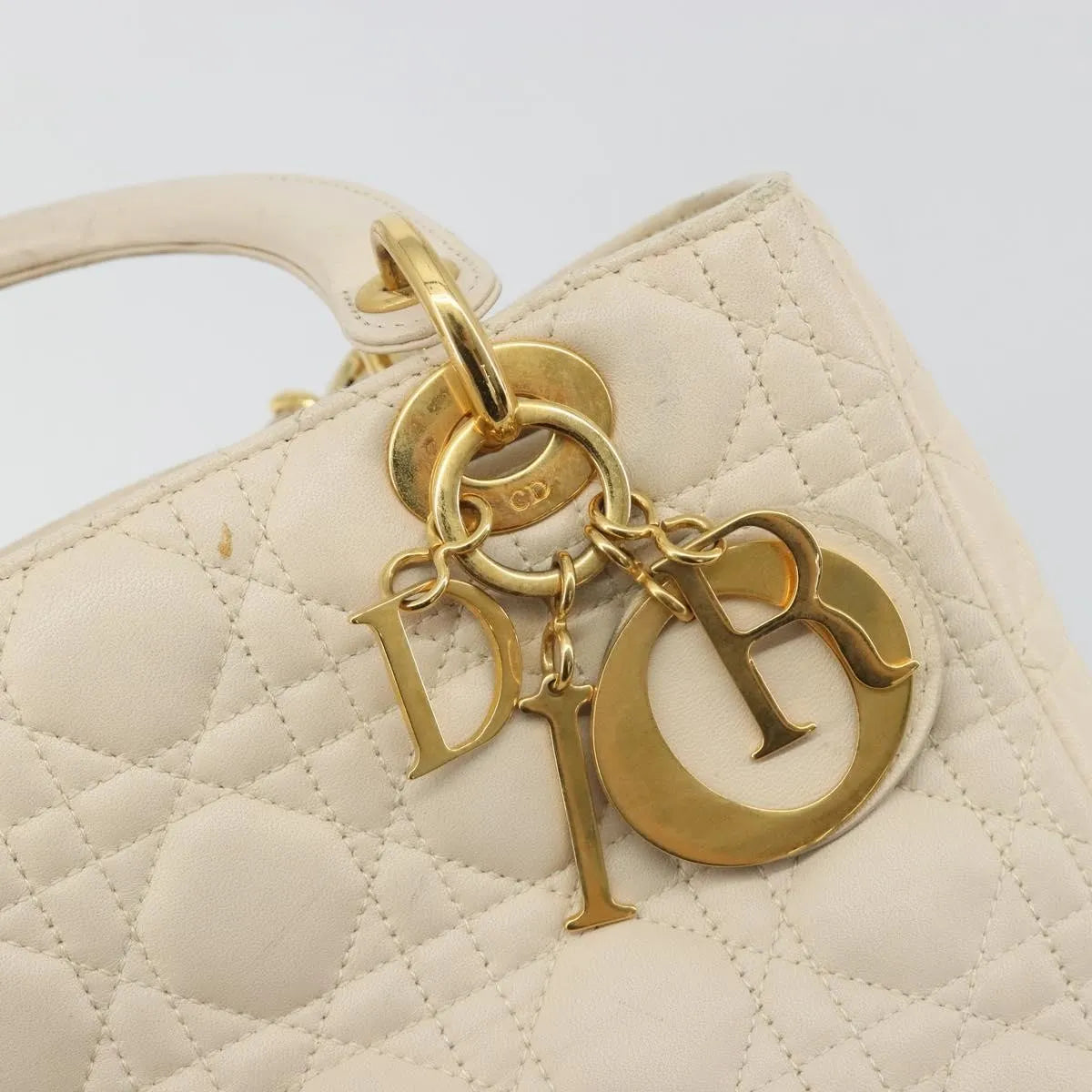 Christian Dior Lady Dior Cannage Quilt Lambskin, White, Leather, Handbag