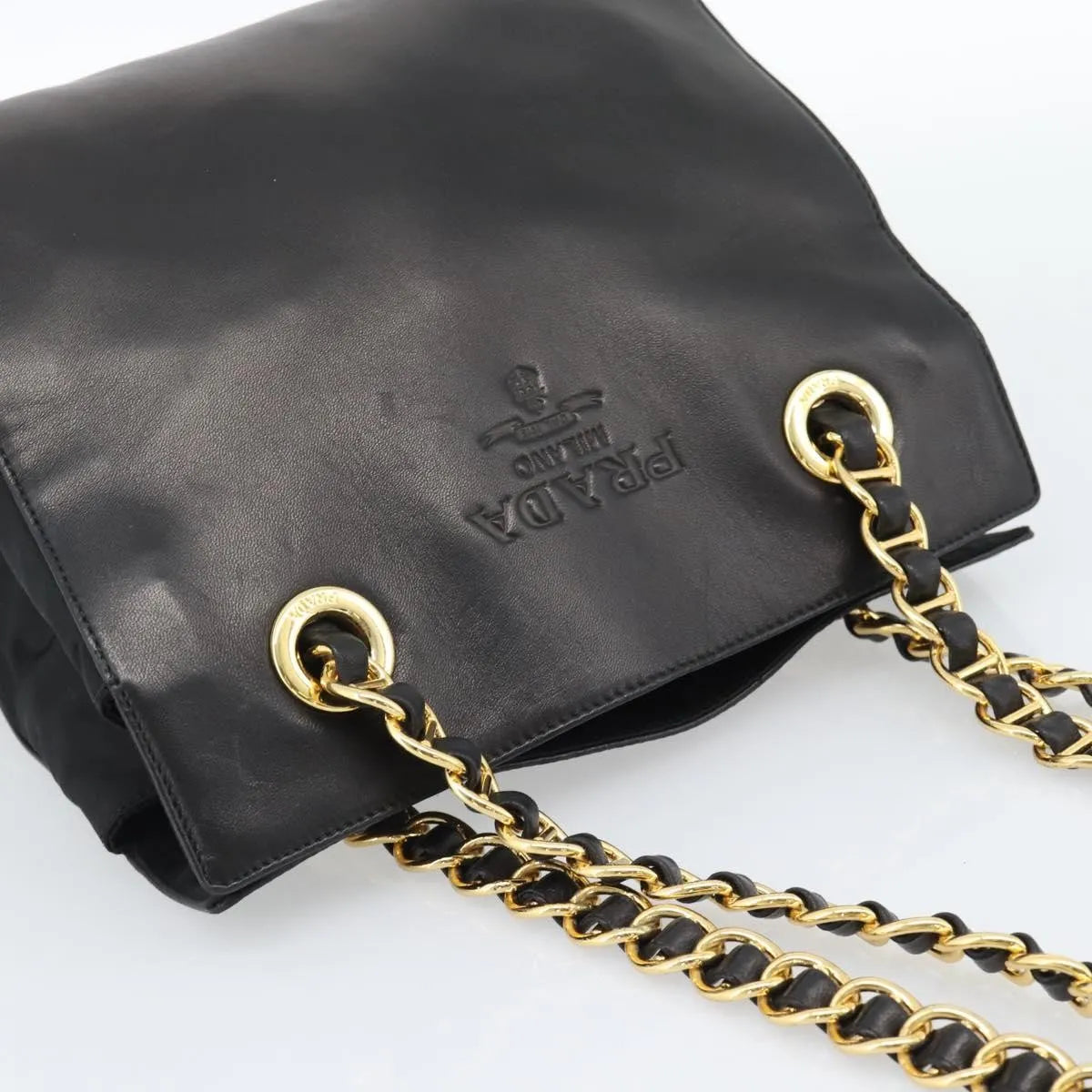 Prada Vintage Nappa Chain Tote Leather, Black, Leather, Shoulder Bag