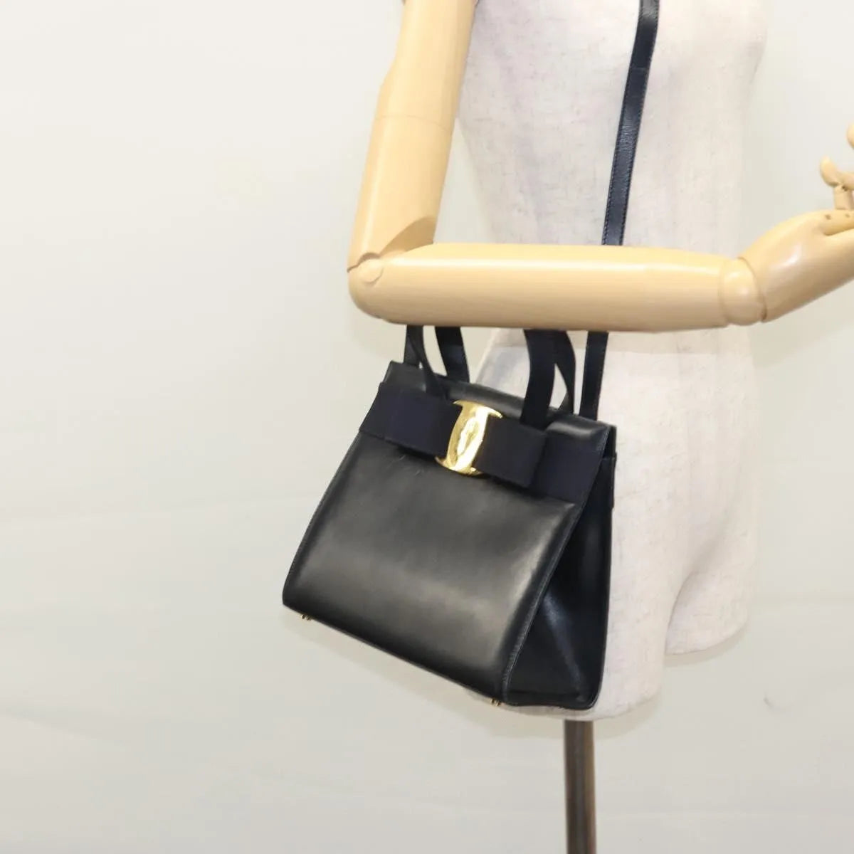 Salvatore Ferragamo Convertible Vara Bow Tote Leather, Navy, Leather, Handbag