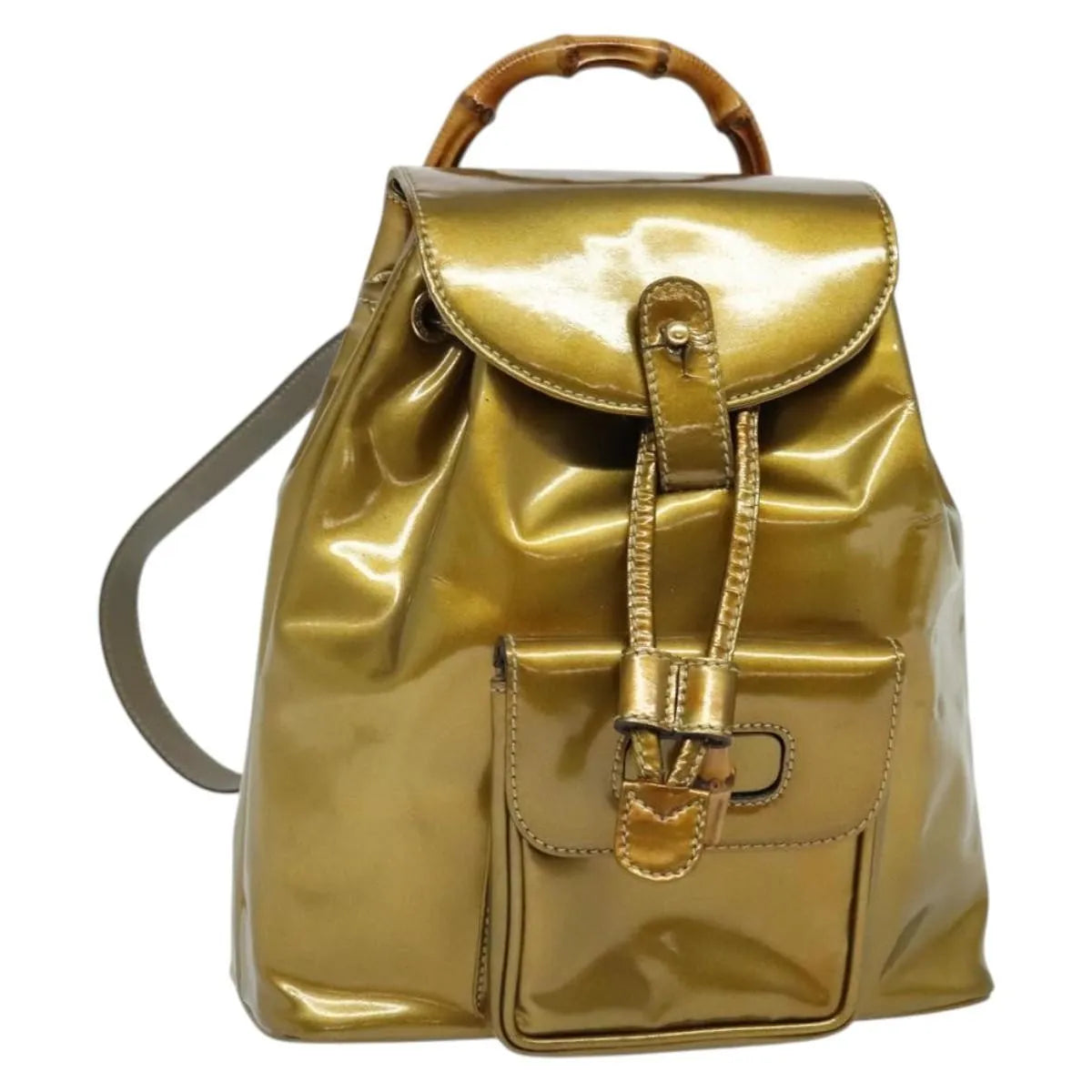 Gucci Vintage Bamboo Patent, Gold, Patent Leather, Backpack