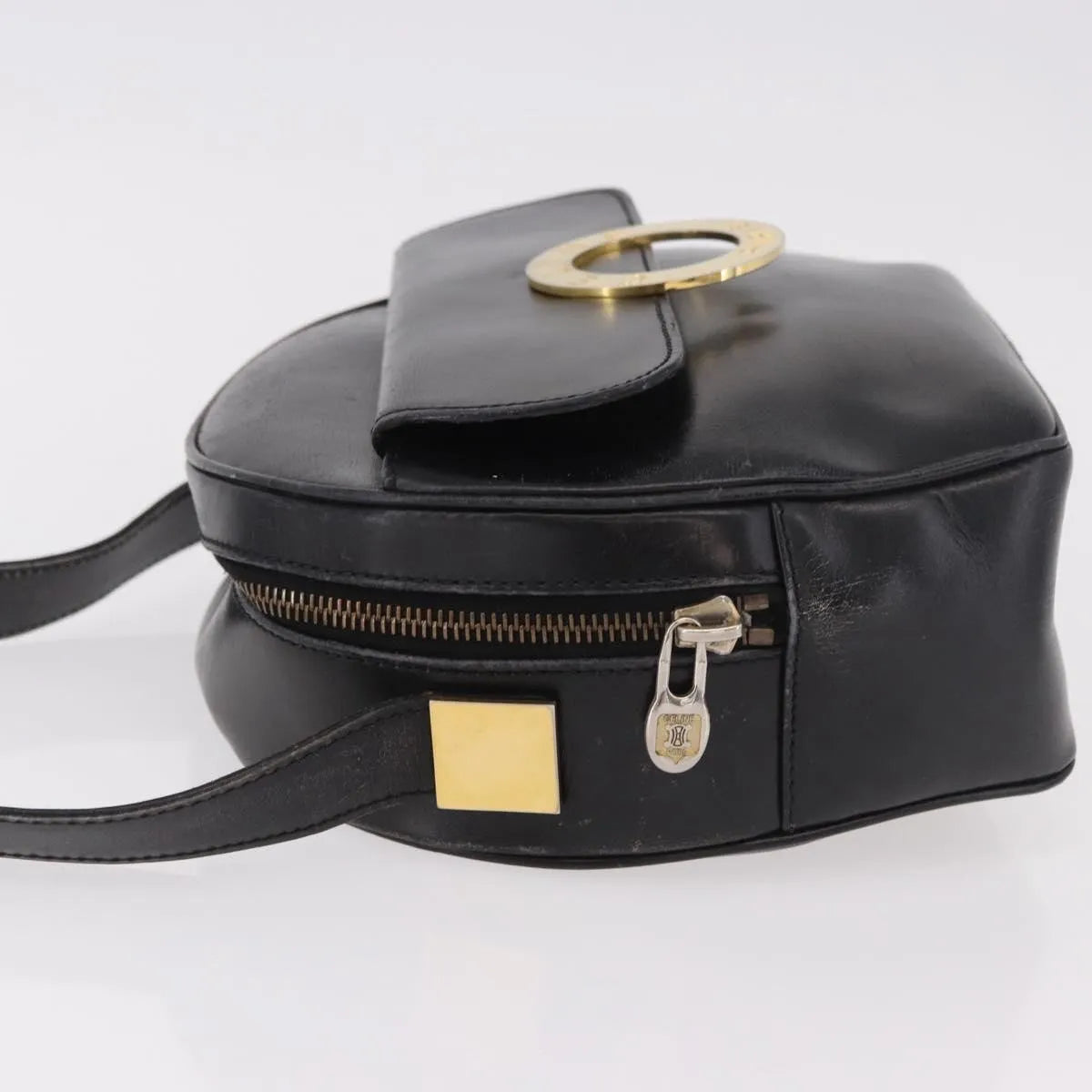 Celine Vintage Circle Logo Leather, Black, Leather, Shoulder Bag