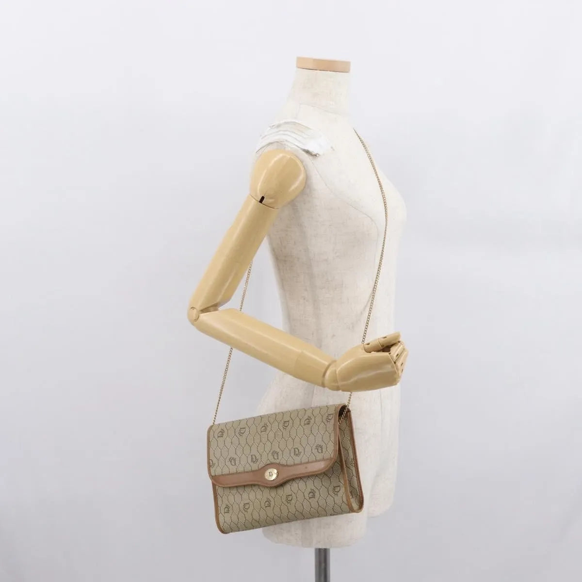 Christian Dior Vintage Honeycomb chain Canvas, Beige, Canvas, Shoulder Bag