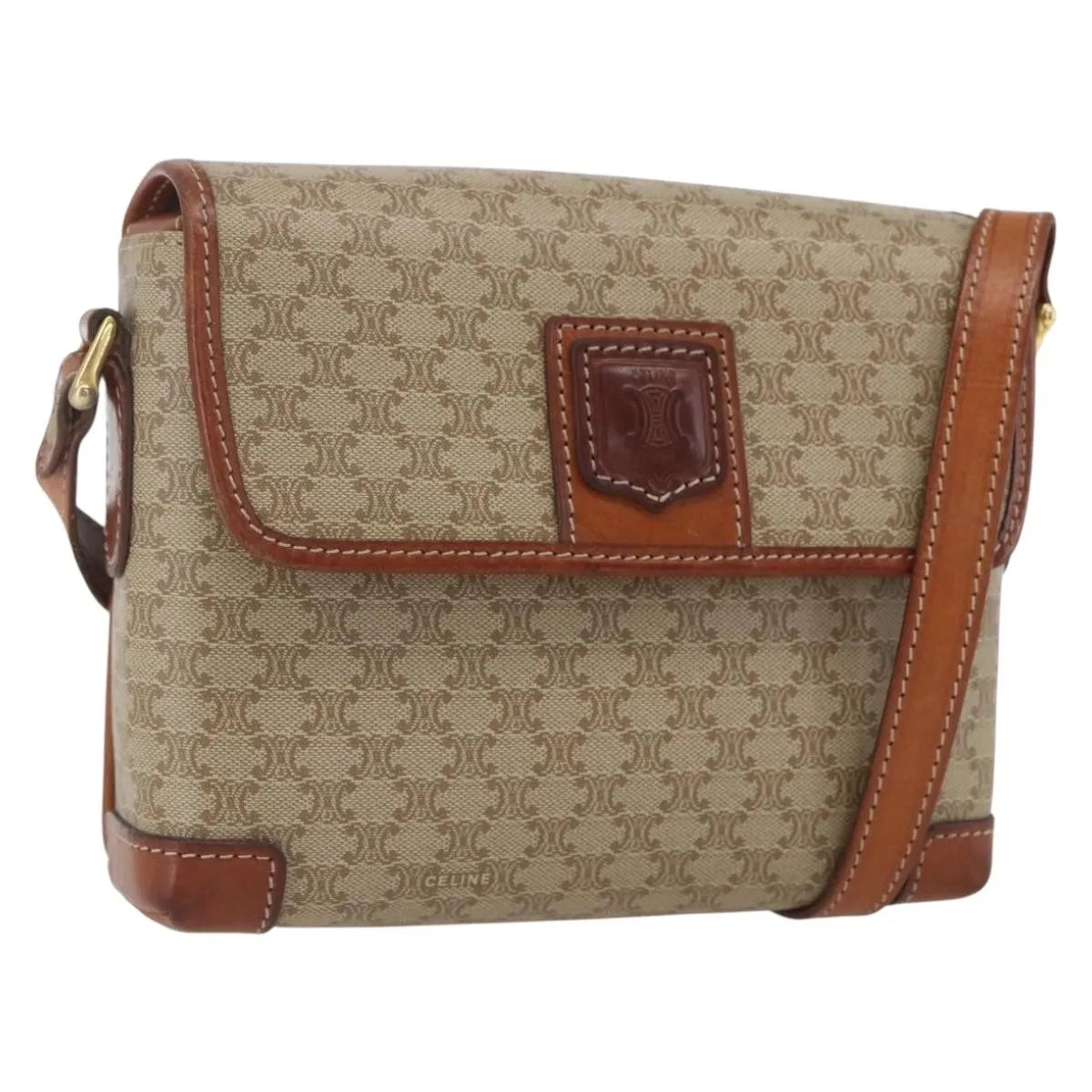 Celine Vintage Macadam Canvas and Leather, Beige, Canvas, Shoulder Bag