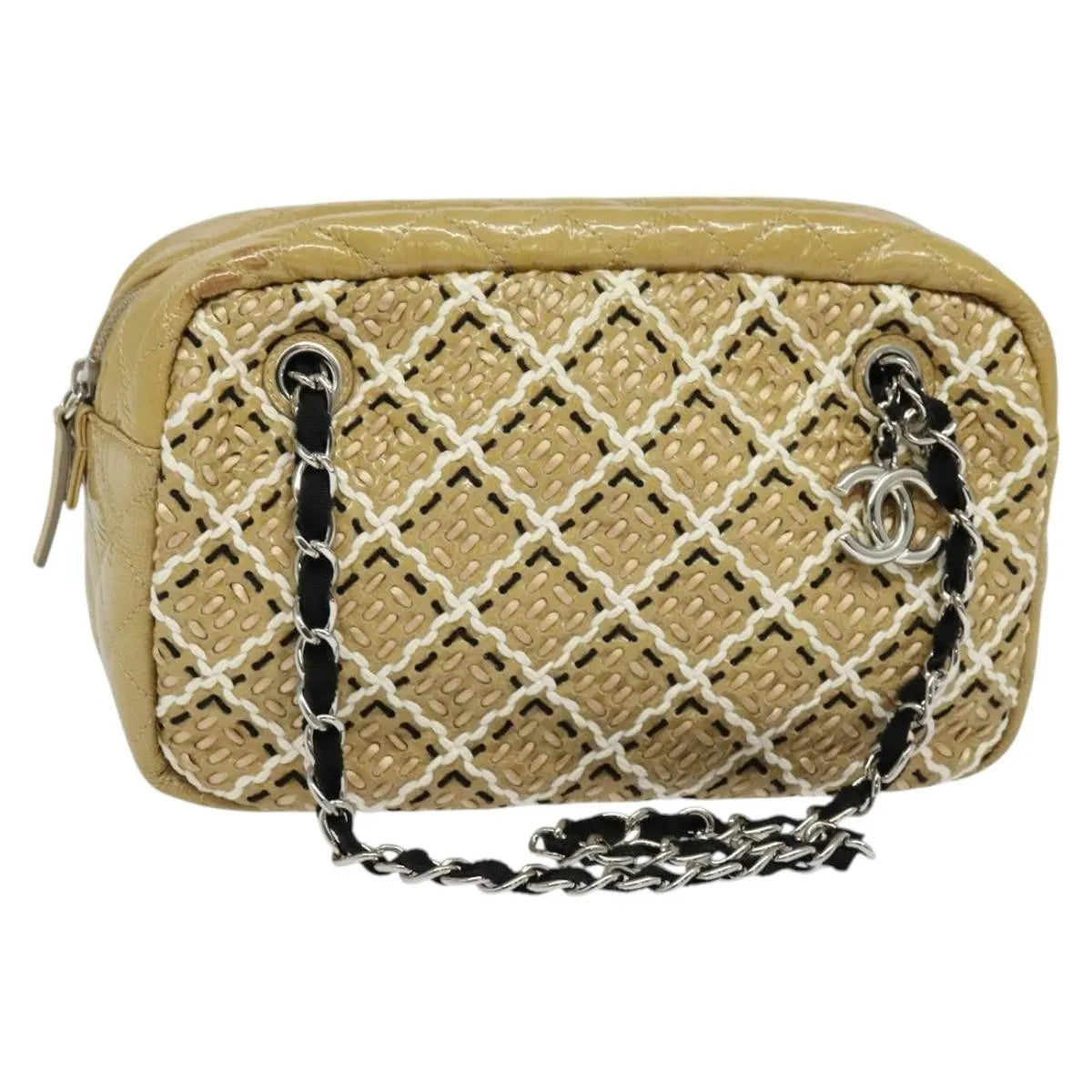 Chanel Camera Case Woven Stitch Patent, Beige, Glass, Shoulder Bag
