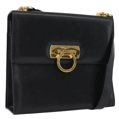 Salvatore Ferragamo Gancini Flap Leather, Black, Leather, Shoulder Bag