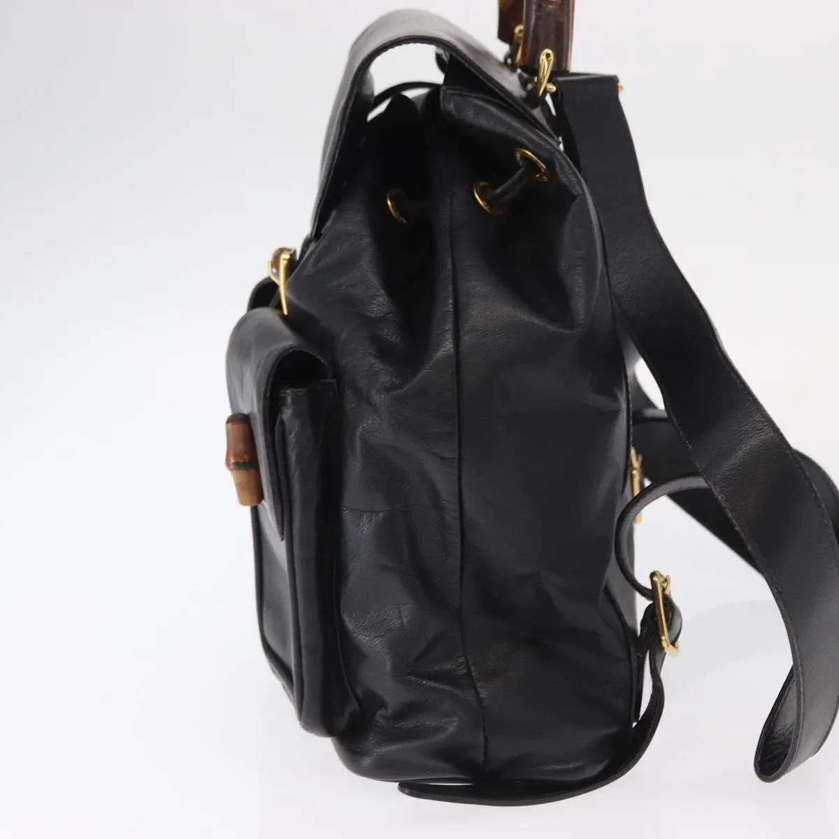 Gucci Vintage Bamboo Leather, Black, Leather, Backpack