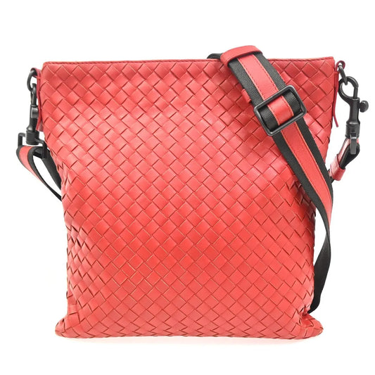 Bottega Veneta Flat Messenger Intrecciato Nappa, Red, Leather, Shoulder Bag