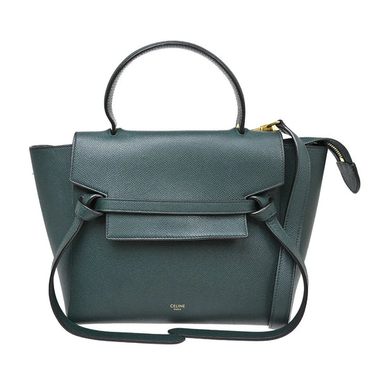 Celine Belt Textured Leather, Green, Leather, Handbag