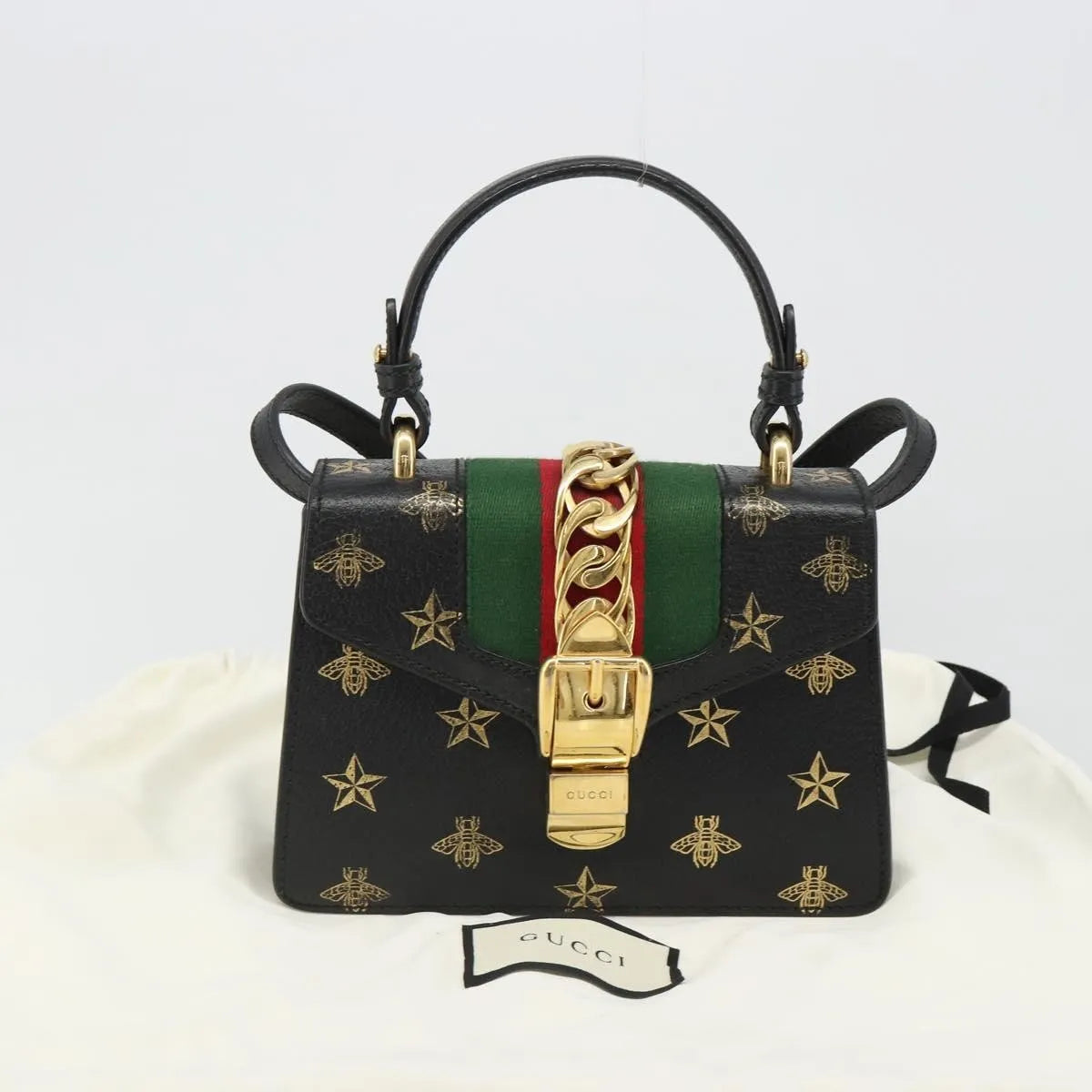 Gucci Sylvie Top Handle Printed Leather, Black, Leather, Handbag