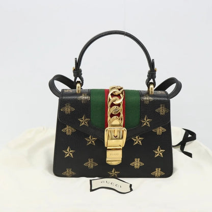 Gucci Sylvie Top Handle Printed Leather, Black, Leather, Handbag