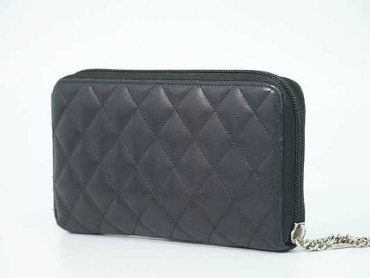Chanel Cambon Zip Around Quilted Lambskin, Black, Leather, Wallet