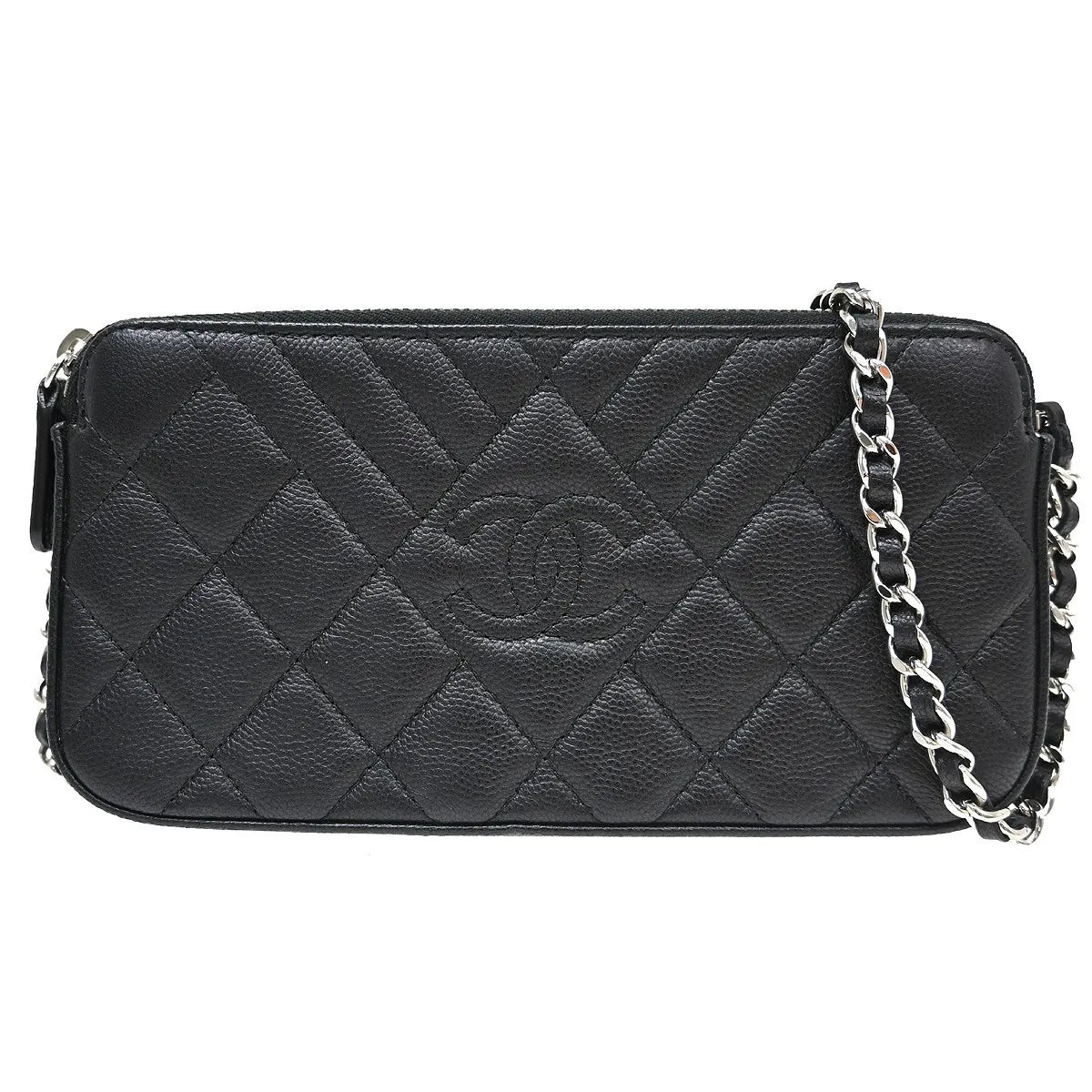 Chanel Diamond CC Double Zip Clutch with Chain Quilted Lambskin, Black, Leather, Shoulder Bag