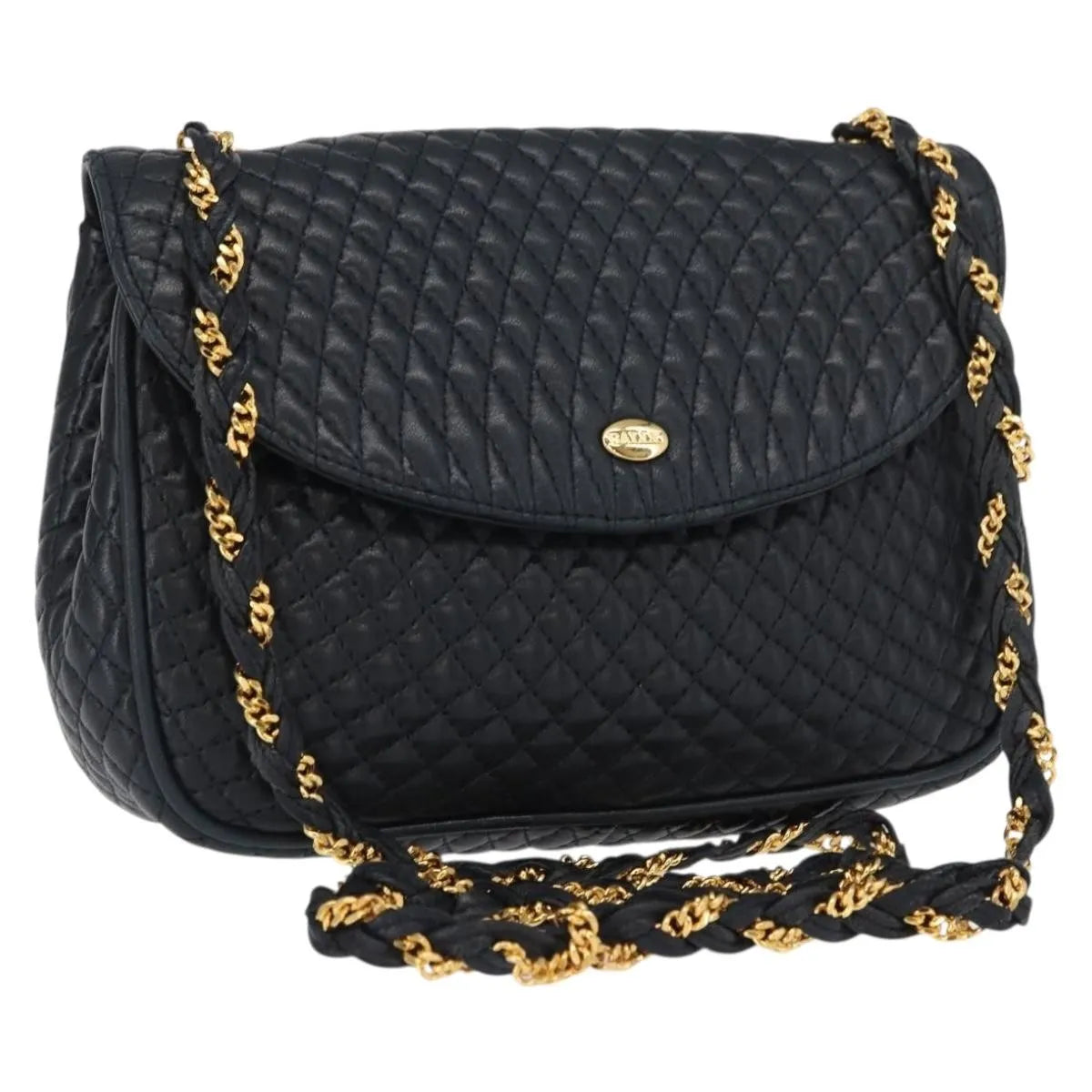 Bally Vintage Chain Quilted Leather, Navy, Leather, Shoulder Bag