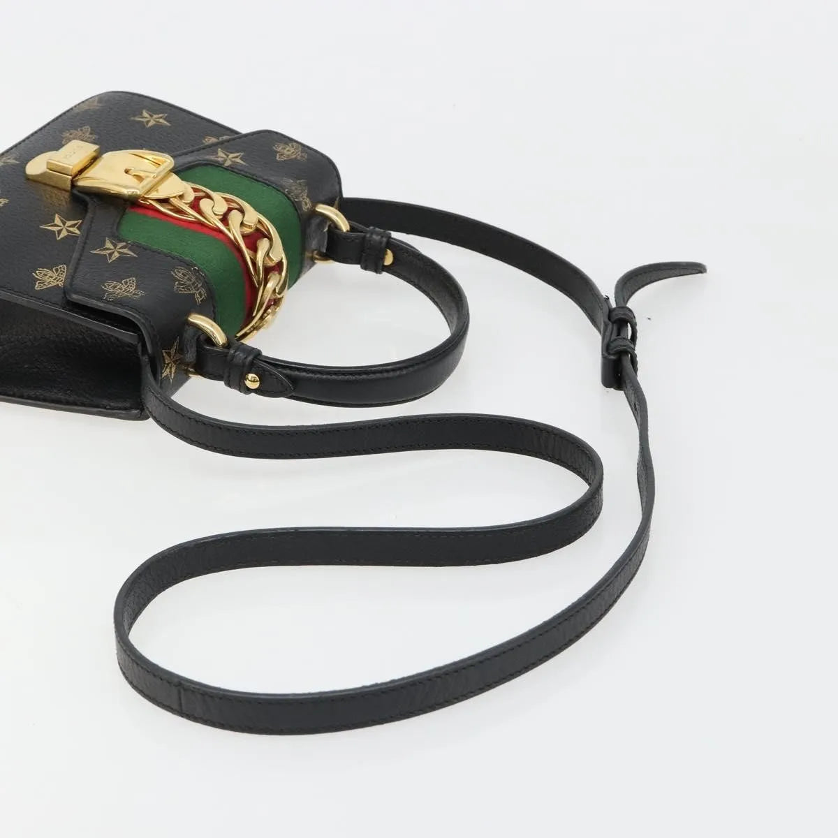 Gucci Sylvie Top Handle Printed Leather, Black, Leather, Handbag