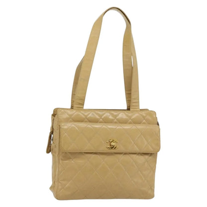 Chanel Vintage Front Pocket Leather, Beige, Patent Leather, Shoulder Bag