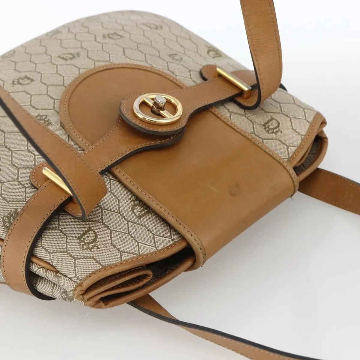 Christian Dior Vintage Honeycomb Canvas and Leather, Beige, Canvas, Shoulder Bag