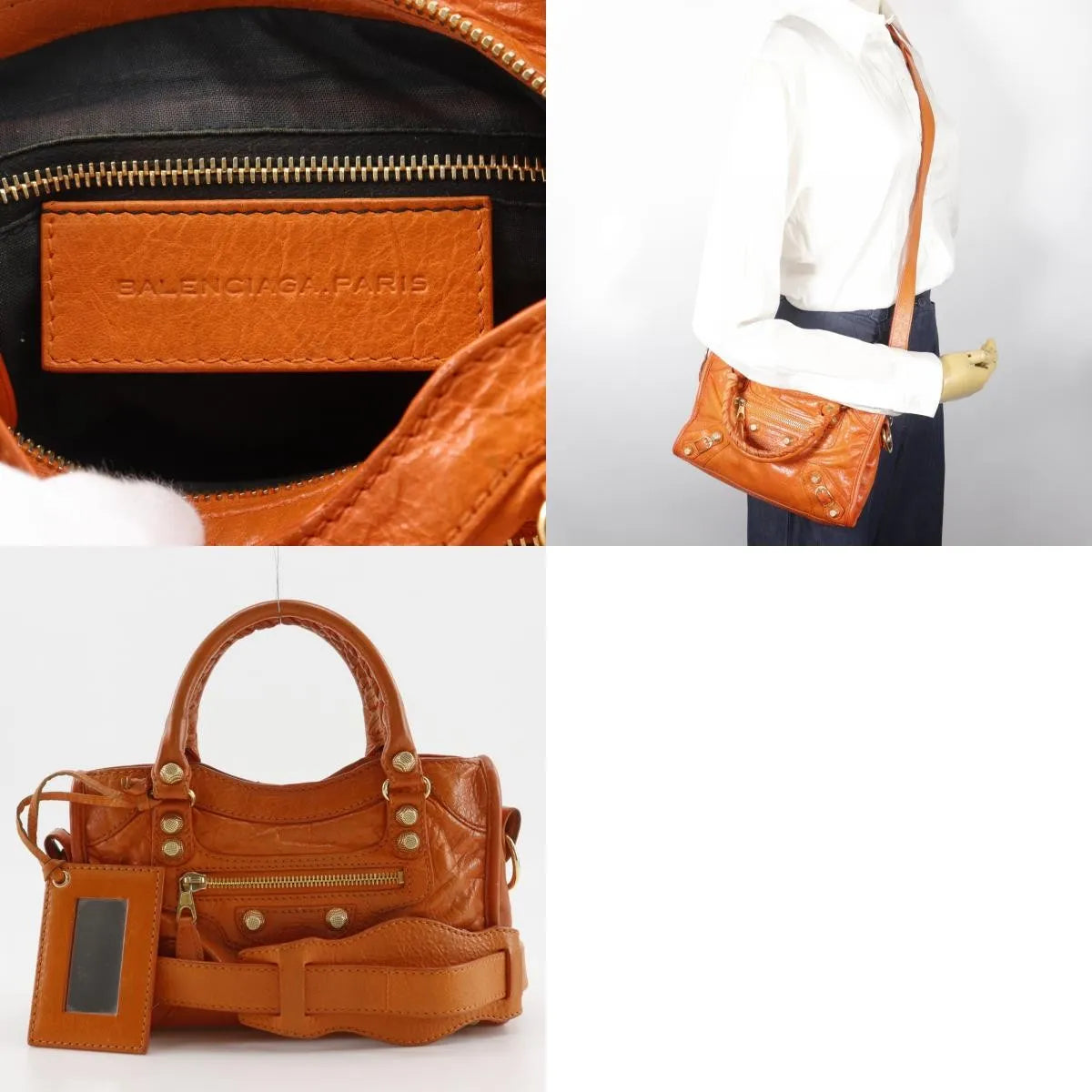 Balenciaga City Classic Studs Leather, Orange, Calfskin, Handbag