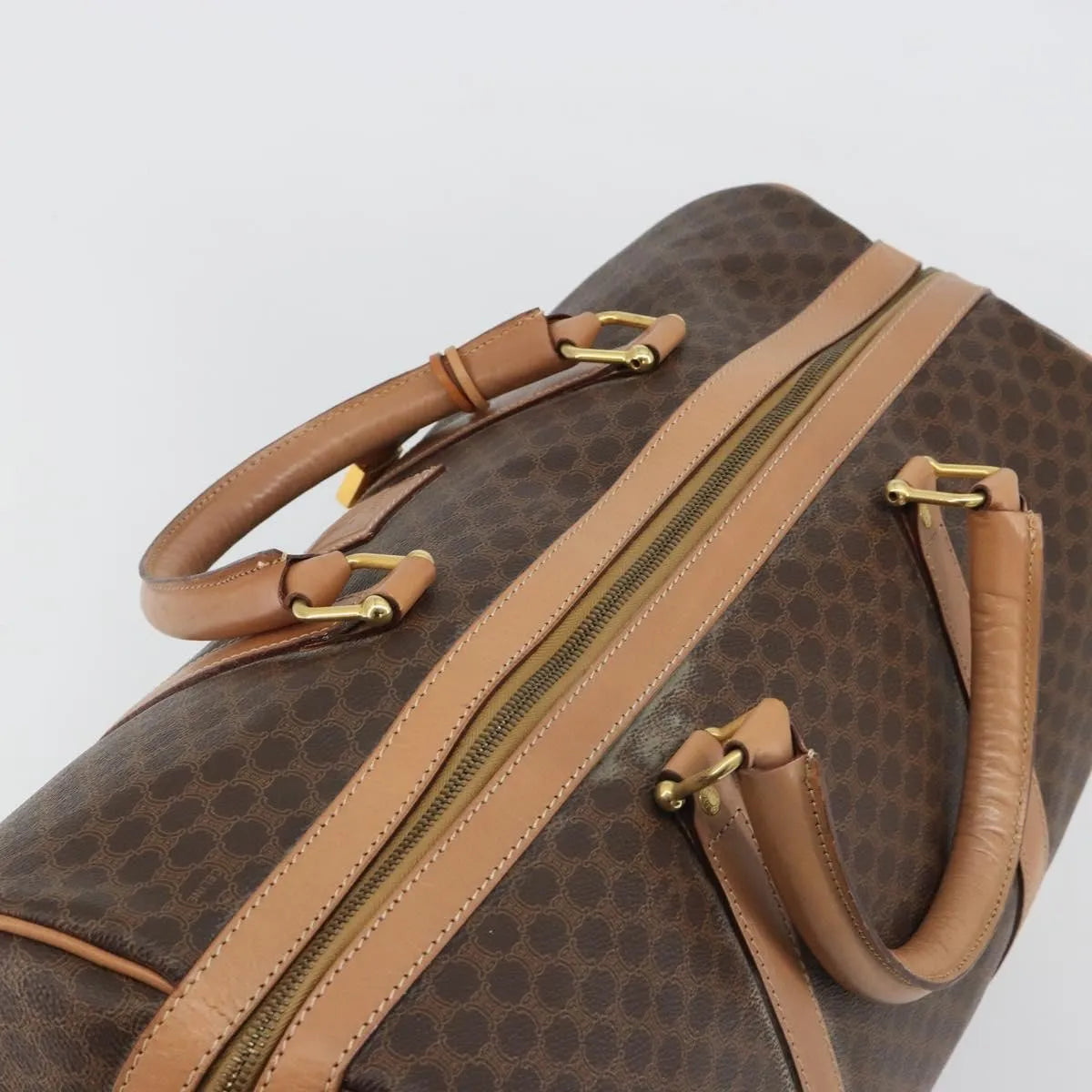 Celine Vintage Macadam Boston Canvas and Leather, Brown, Canvas, Handbag