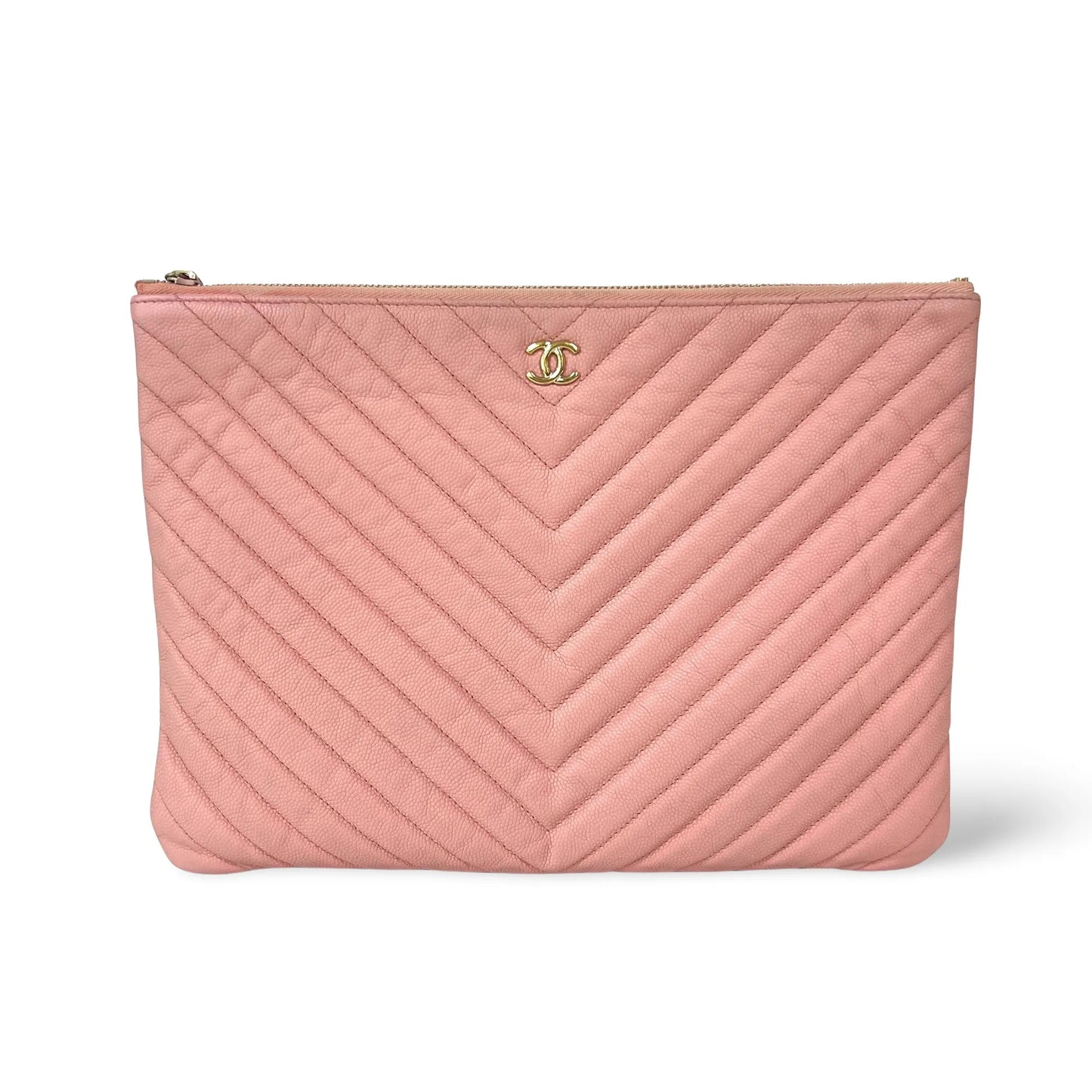 Chanel O Case Clutch Chevron Caviar, Pink, Leather, Clutch