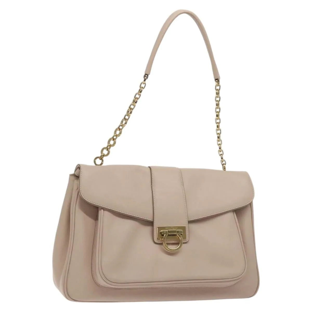 Salvatore Ferragamo Gancini Chain Leather, Beige, Leather, Shoulder Bag