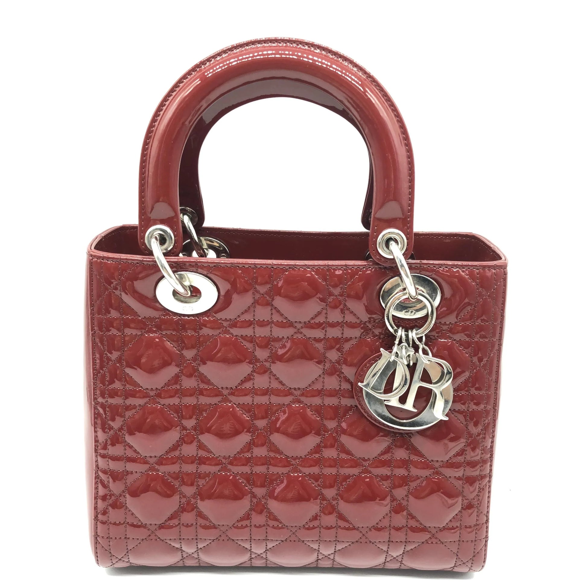 Christian Dior Vintage Lady Dior Cannage Quilt Patent, Burgundy, Patent Leather, Handbag