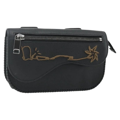 Christian Dior Saddle Pouch Belt Leather, Black, Leather, Clutch