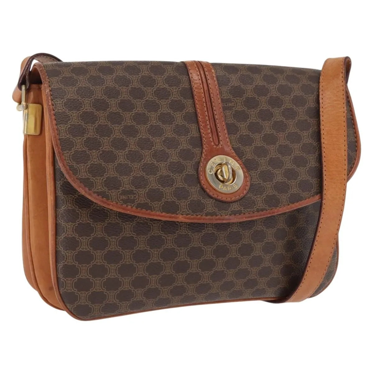 Celine Vintage Macadam Canvas and Leather, Brown, Canvas, Shoulder Bag