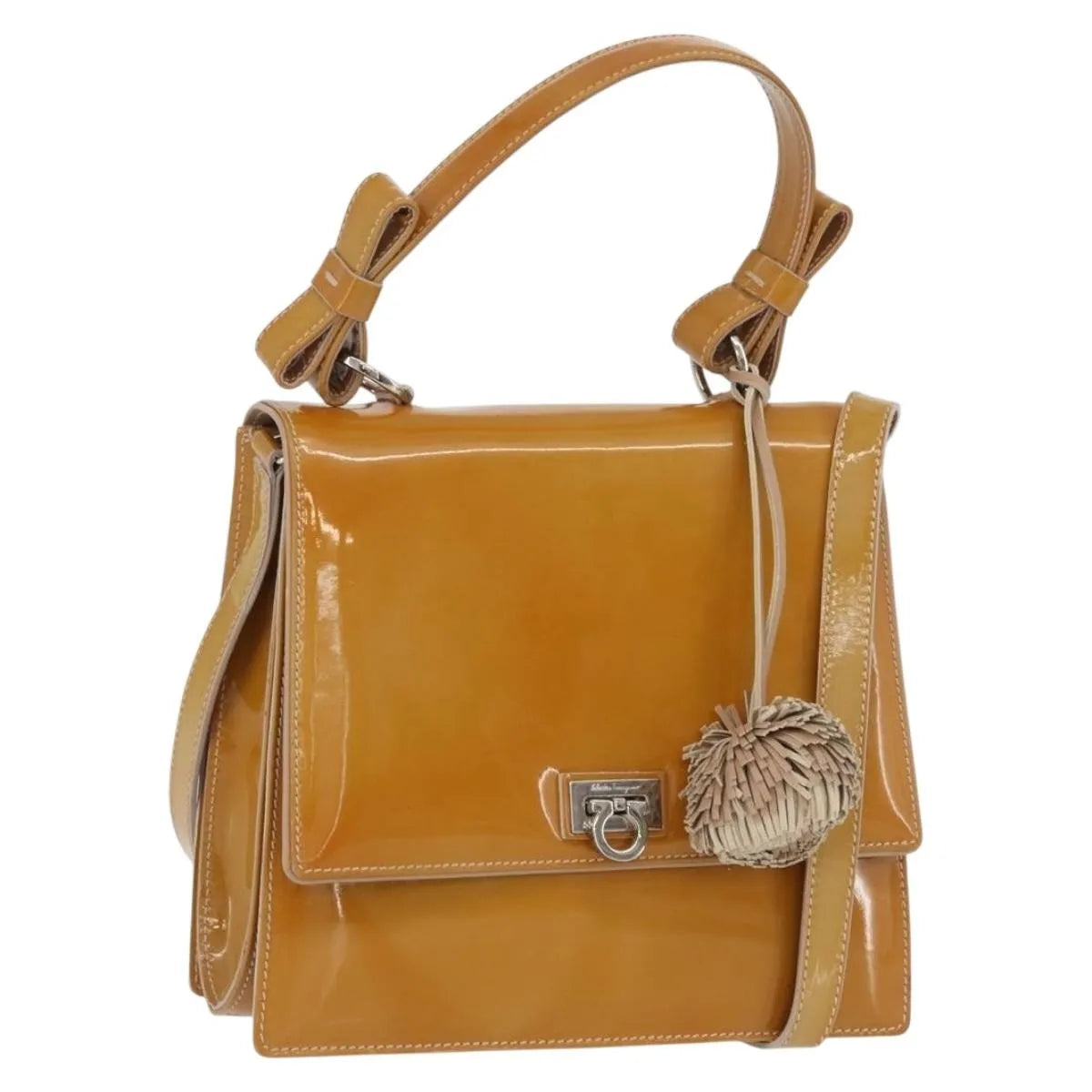 Salvatore Ferragamo Gancini Patent Leather, Beige, Patent Leather, Handbag