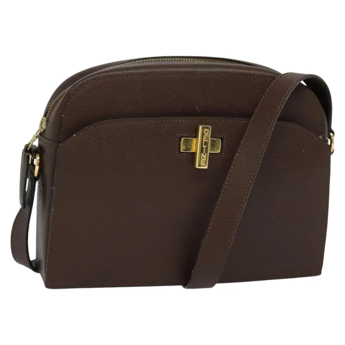 Celine Vintage Turnlock Leather, Brown, Leather, Shoulder Bag