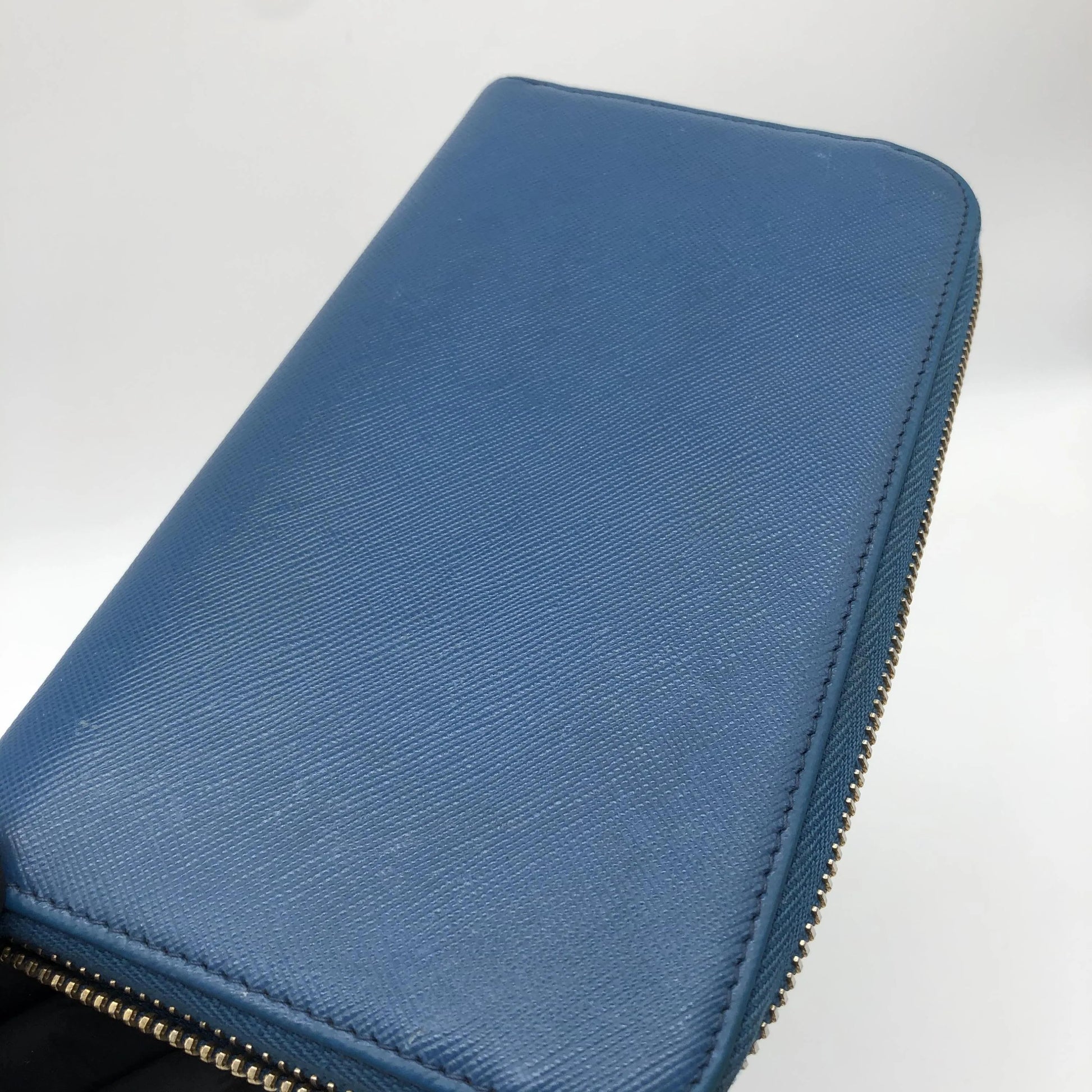 Prada Zip Around Tab Saffiano Leather, Blue, Leather, Wallet