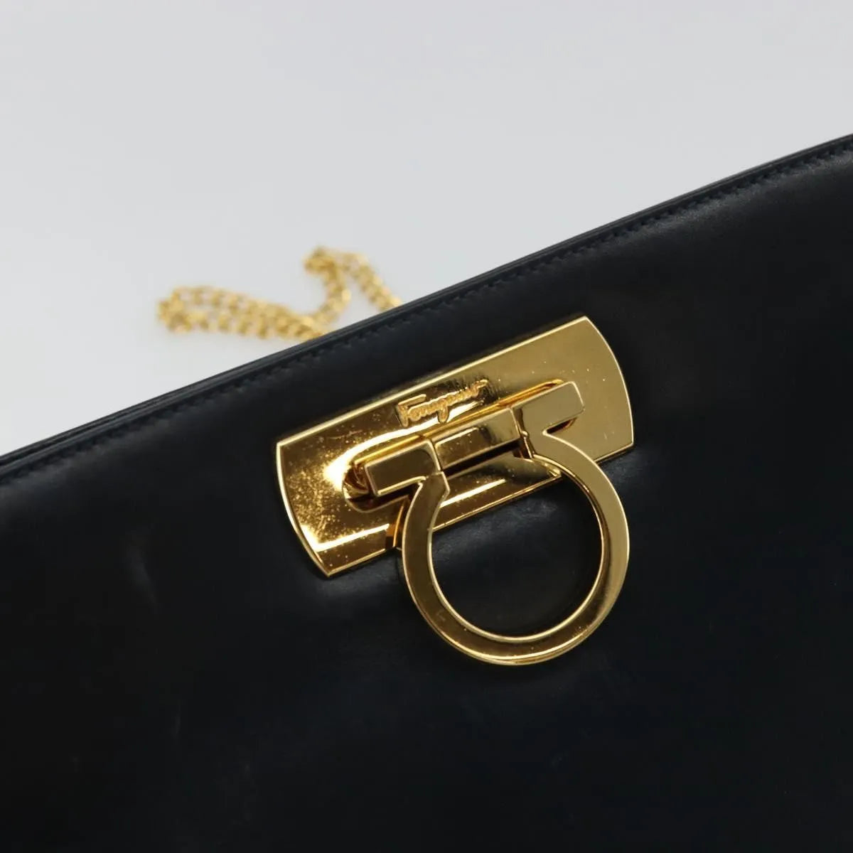 Salvatore Ferragamo Vintage Gancini Chain Leather, Navy, Leather, Shoulder Bag