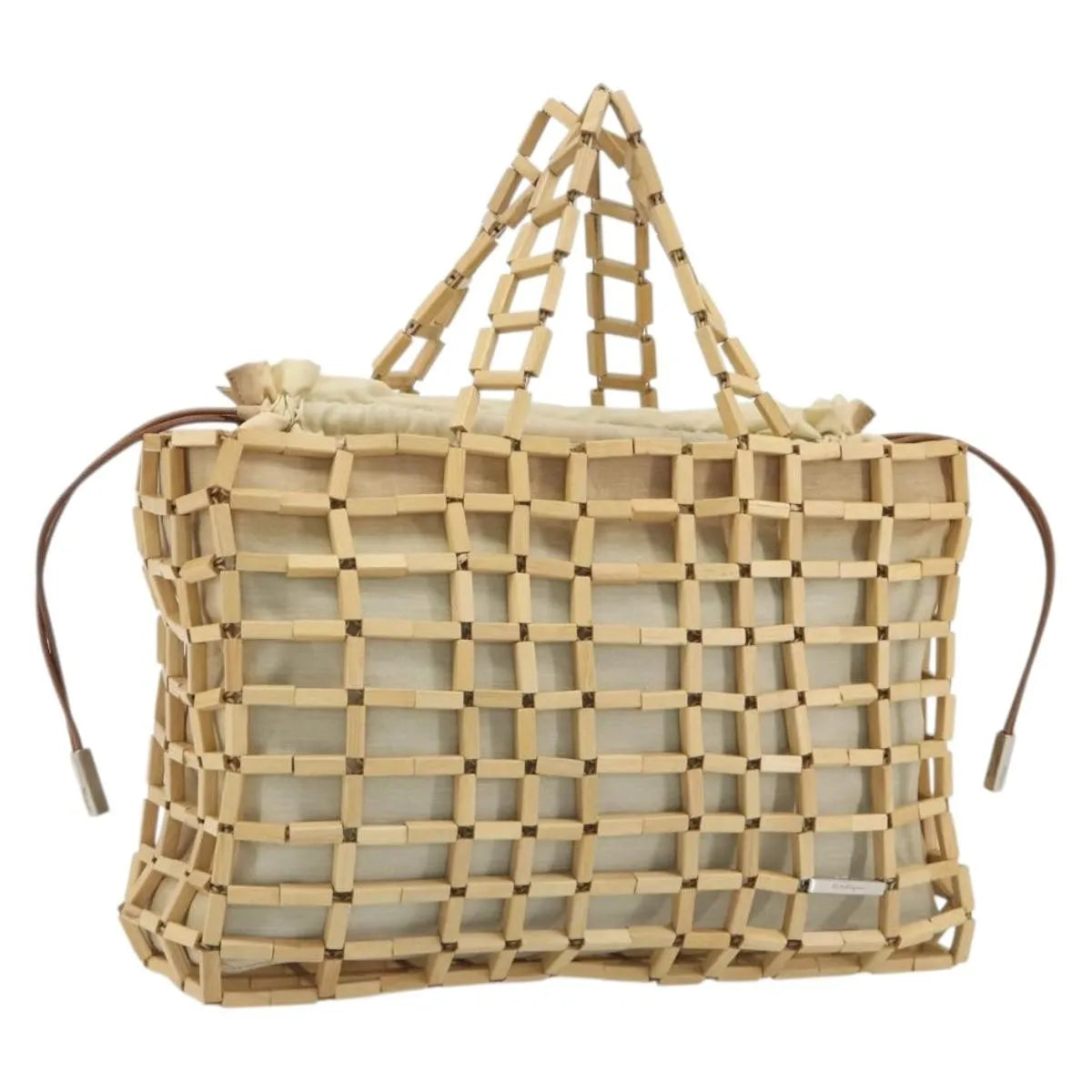 Salvatore Ferragamo Wood Mesh Drawstring canvas, Beige, Canvas, Handbag