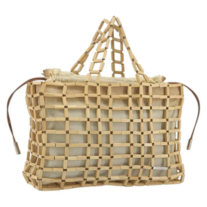 Salvatore Ferragamo Wood Mesh Drawstring canvas, Beige, Canvas, Handbag