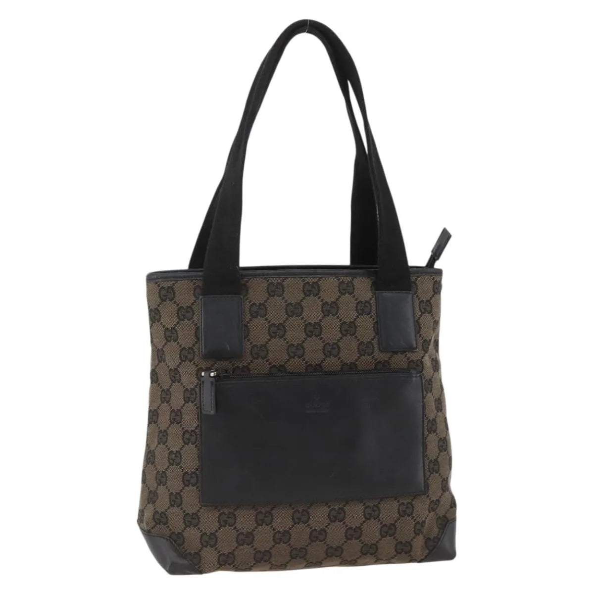 Gucci Vintage Front Pocket Tote GG Coated Canvas with Leather, Black, Canvas, Tote Bag