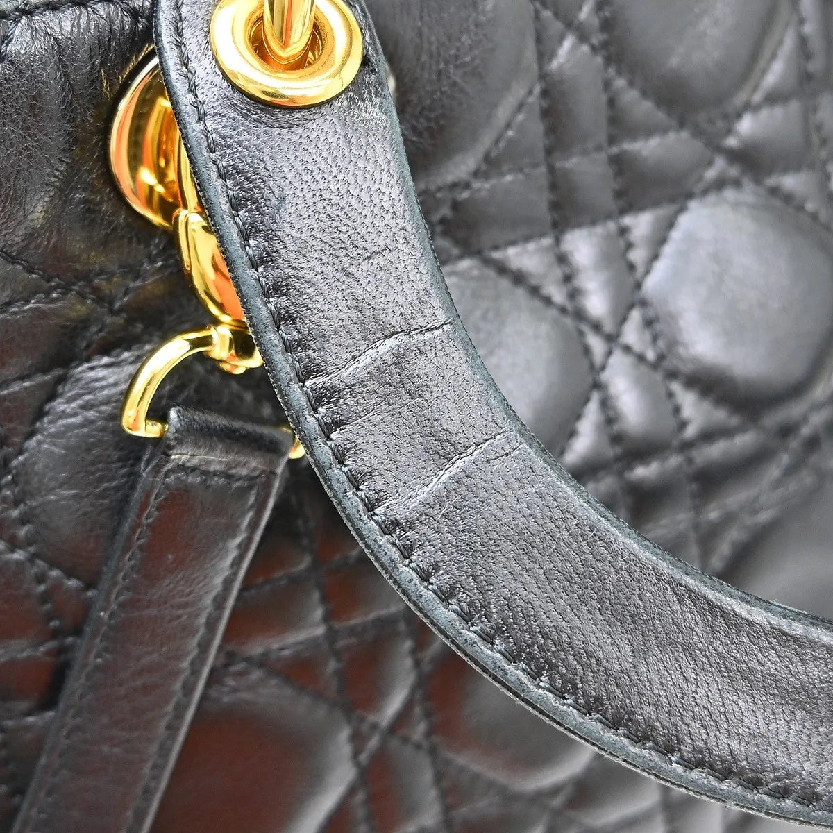 Christian Dior Lady Dior Cannage Quilt Lambskin, Black, Leather, Handbag