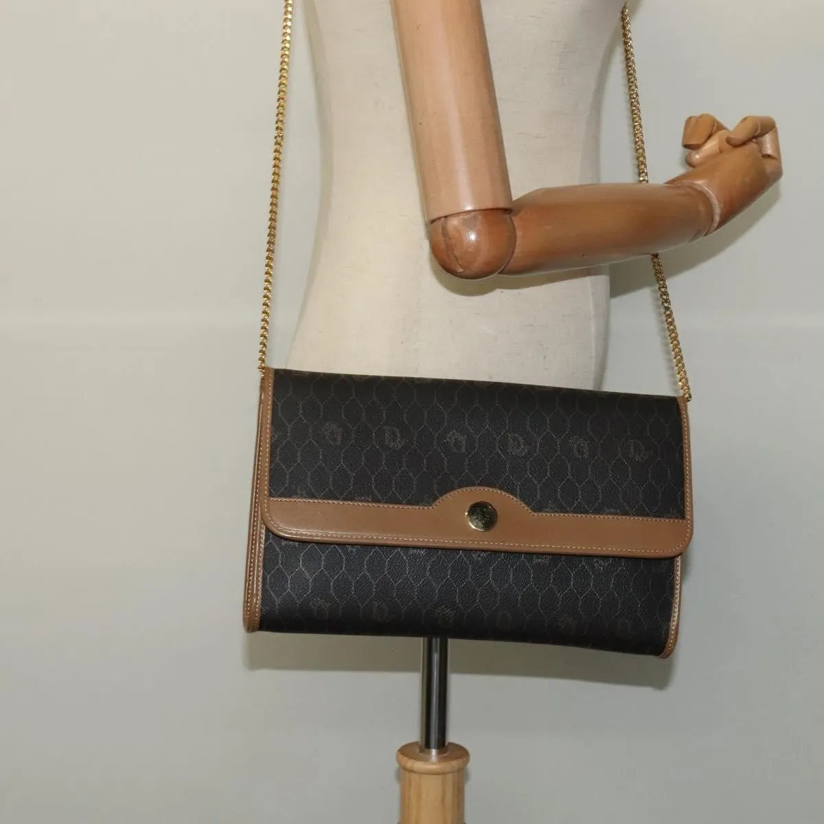 Christian Dior Vintage Honeycomb chain Canvas, Black, Canvas, Shoulder Bag