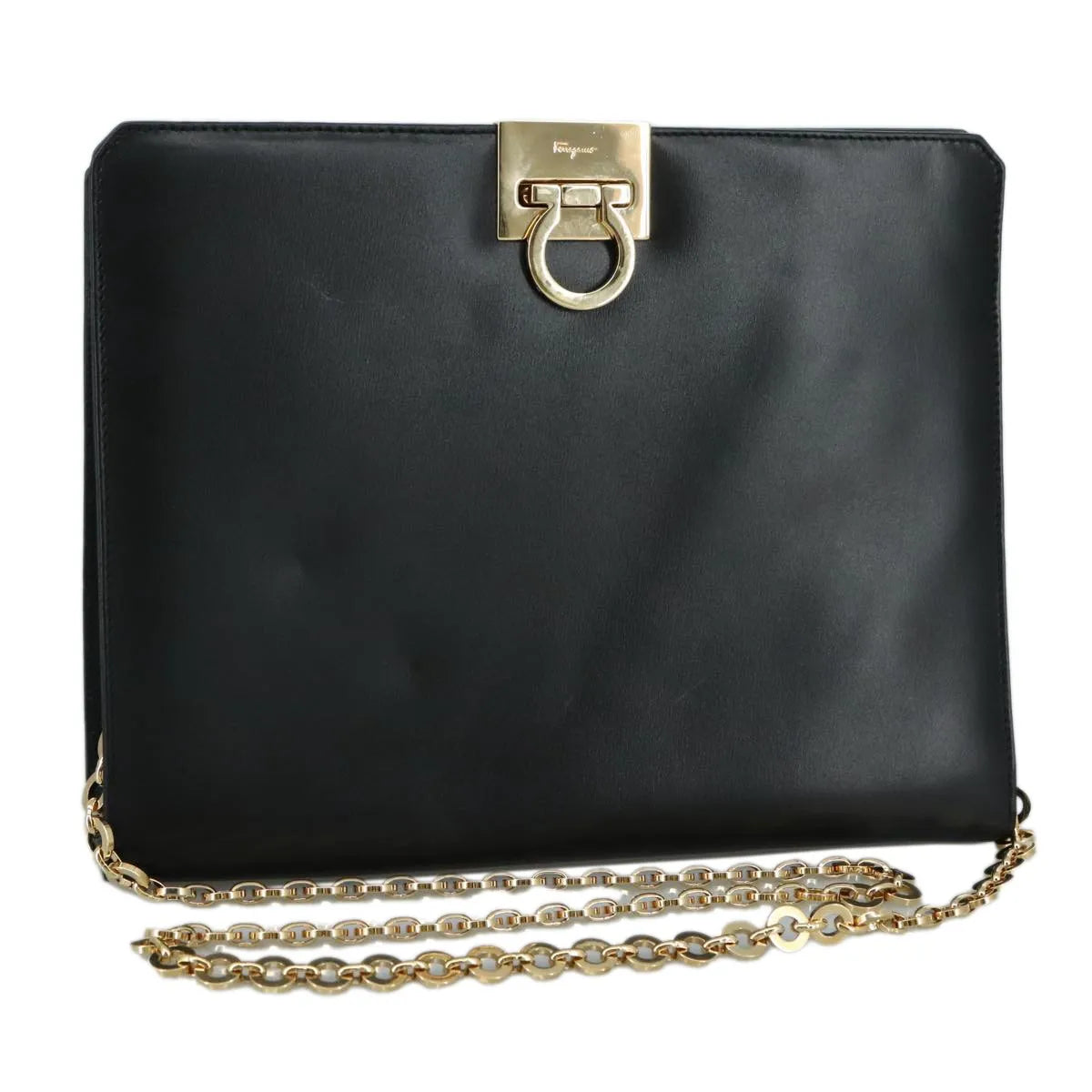 Salvatore Ferragamo Vintage Gancini Chain Leather, Black, Leather, Shoulder Bag
