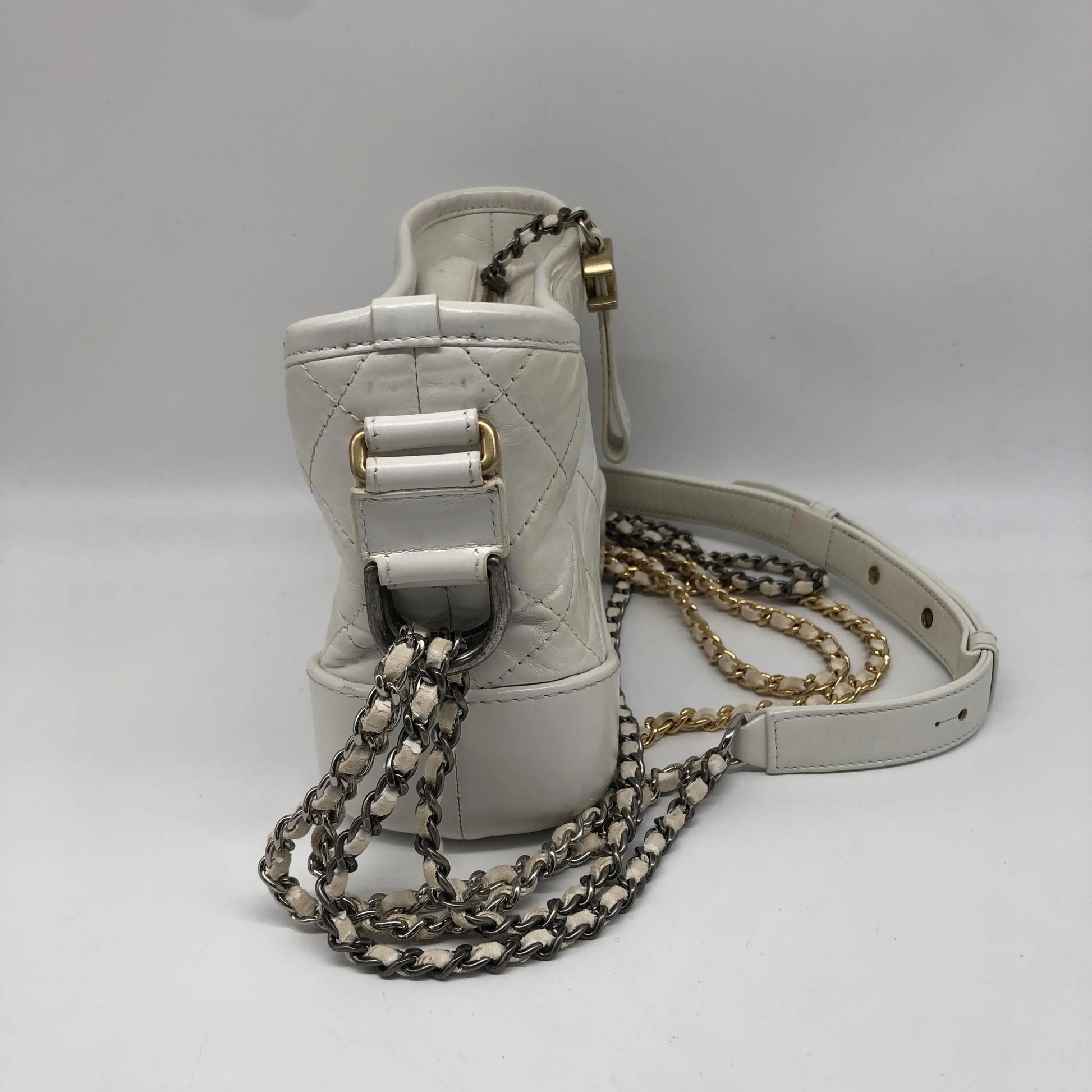 Chanel Gabrielle Hobo Quilted Aged Calfskin, White, Calfskin, Shoulder Bag