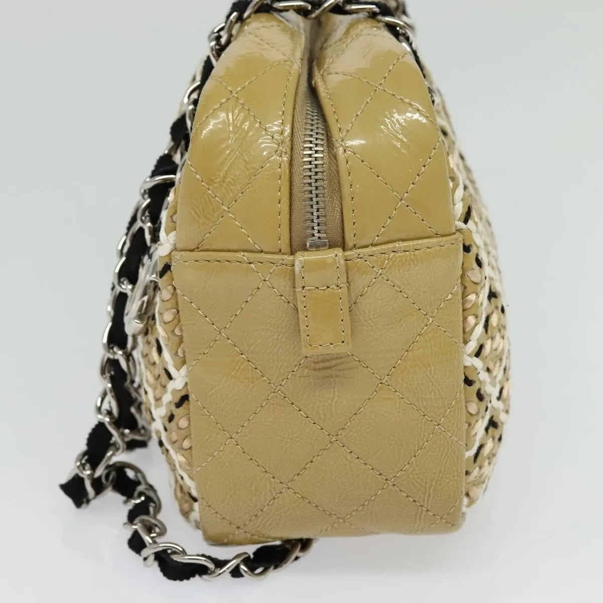 Chanel Camera Case Woven Stitch Patent, Beige, Glass, Shoulder Bag