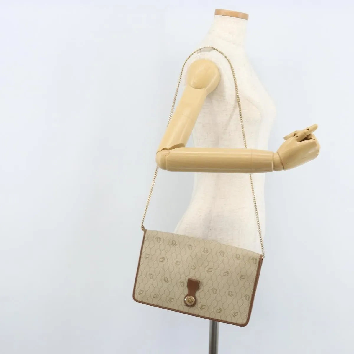 Christian Dior Vintage Honeycomb chain Canvas, Beige, Canvas, Shoulder Bag