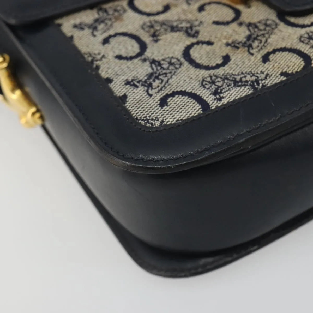 Celine Vintage Horse Carriage C Macadam Canvas and Leather, Navy, Canvas, Shoulder Bag