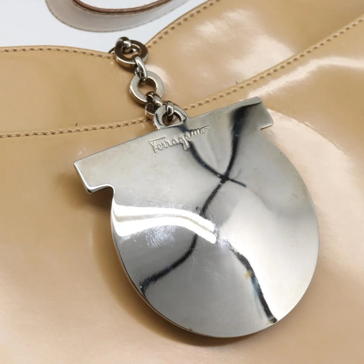 Salvatore Ferragamo Gancini Patent Leather, Beige, Patent Leather, Shoulder Bag