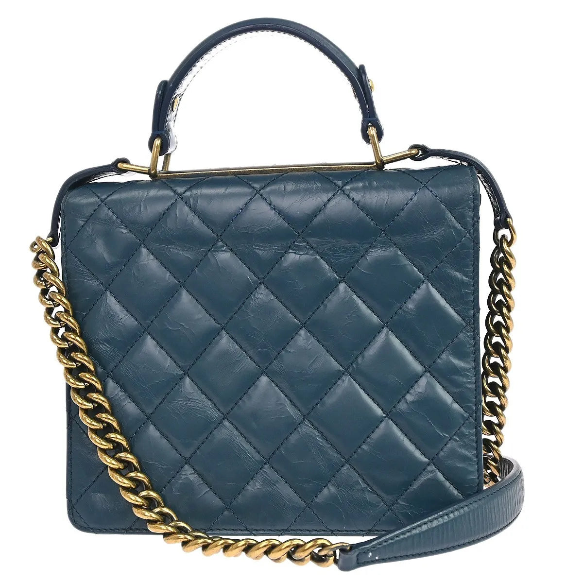 Chanel Rita Top Handle Flap Quilted Aged Calfskin, Blue, Leather, Shoulder Bag