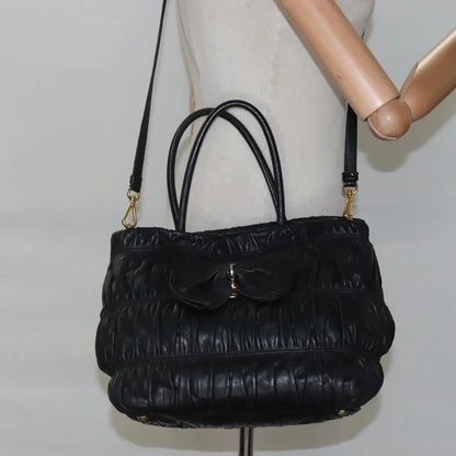 Prada Nappa Gaufre Bow Leather, Black, Leather, Tote Bag