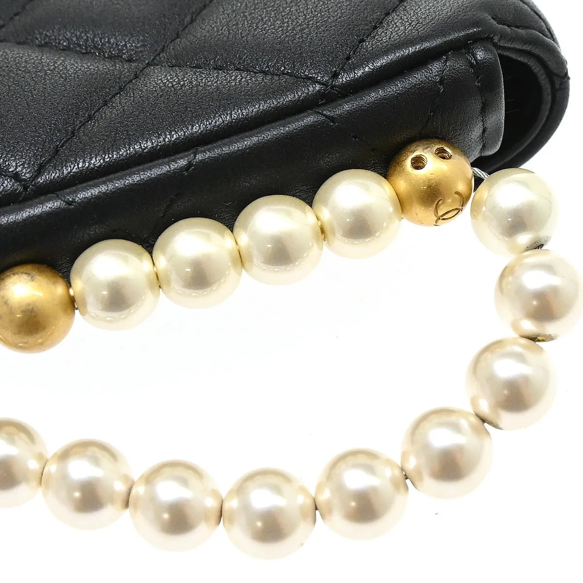 Chanel About Pearls Flap Card Holder with Chain Lambskin, Black, Leather, Shoulder Bag