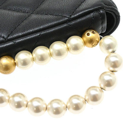 Chanel About Pearls Flap Card Holder with Chain Lambskin, Black, Leather, Shoulder Bag