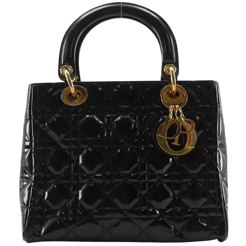 Christian Dior Lady Dior NM Cannage Quilt Patent, Black, Patent Leather, Tote Bag