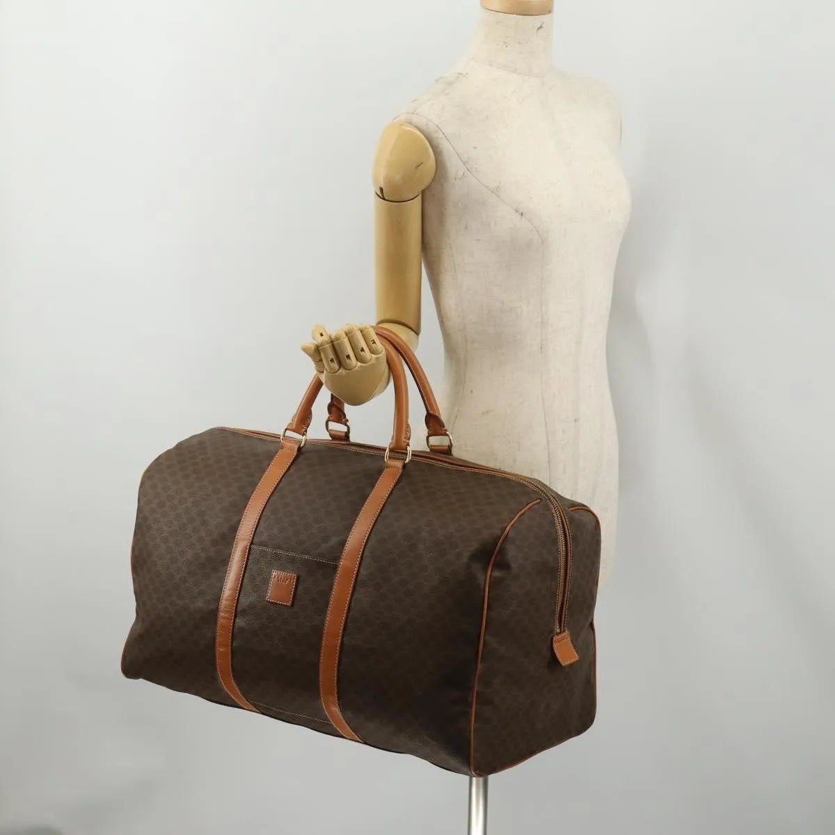 Celine Vintage Duffle Canvas and Leather, Brown, Canvas, Travel Bag